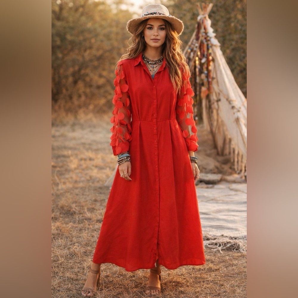 Red Button-Front Maxi Dress with Sheer Appliqué Sleeves.